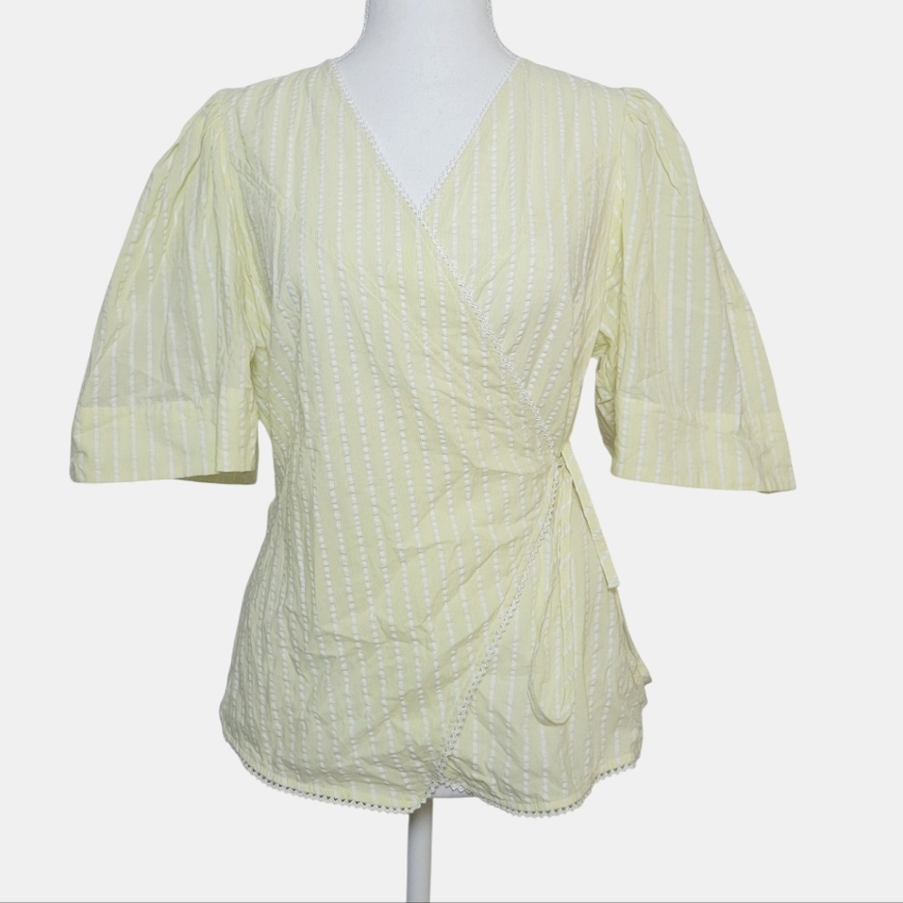 Ganni Seersucker Striped Wrap Blouse Short Sleeve Cotton Yellow & White 40 8/10 - Picture 5 of 16